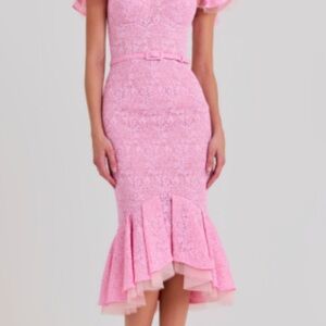 NADINE MERABI Pink Lace Dress with Ruffle Detail